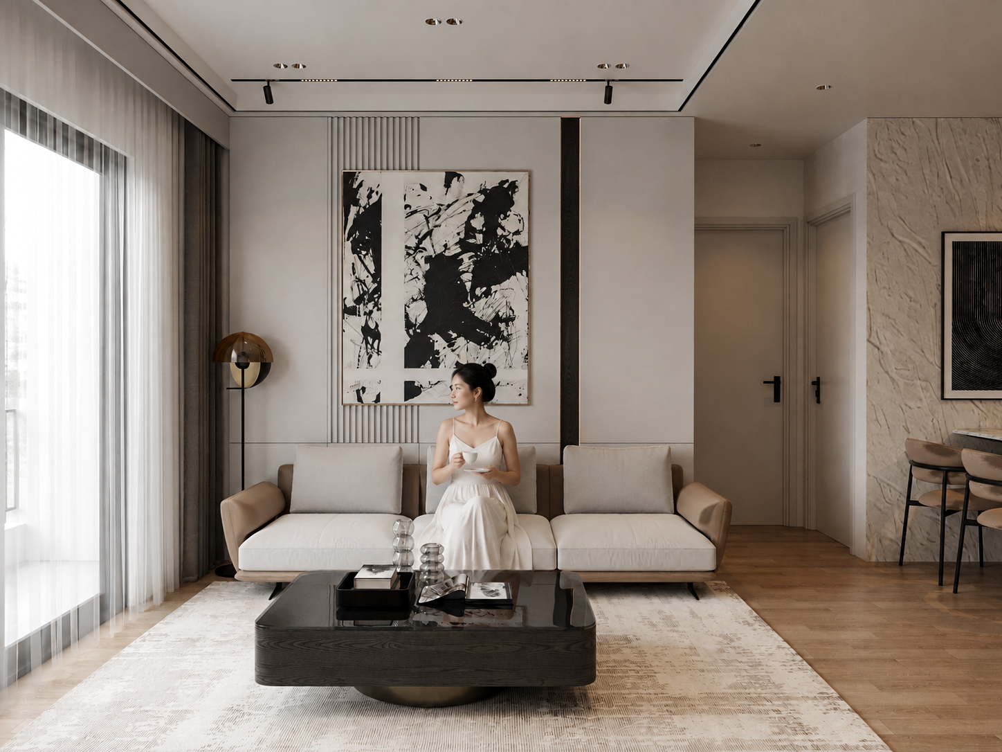 Góc nhìn phòng khách Contemporary với mảng tường nghệ thuật